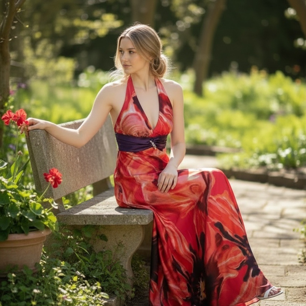 B Darlin Red and Black Floral Maxi Dress